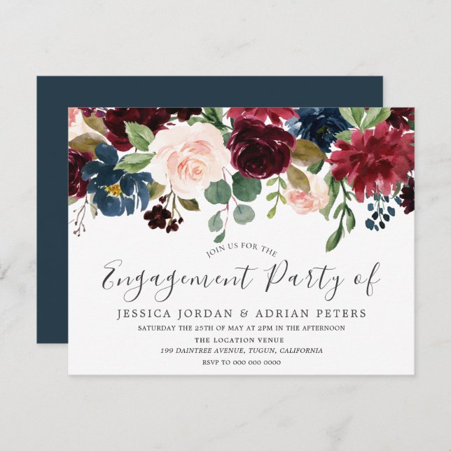 Convite Festa de noivado de Flores Modernas de Blush Burgu (Frente/Verso)