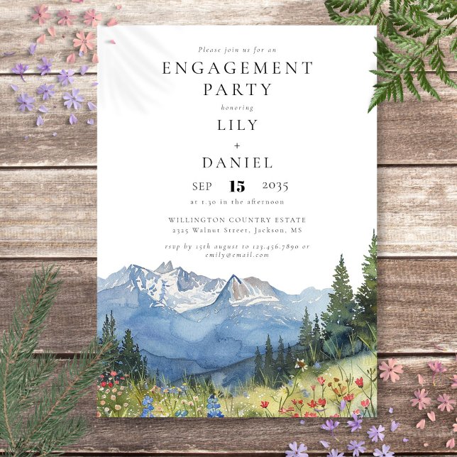 Convite Festa de Noivado de Flores Silvestres de Montanha  (Watercolor Mountain Wildflowers Engagement Party Invitation)
