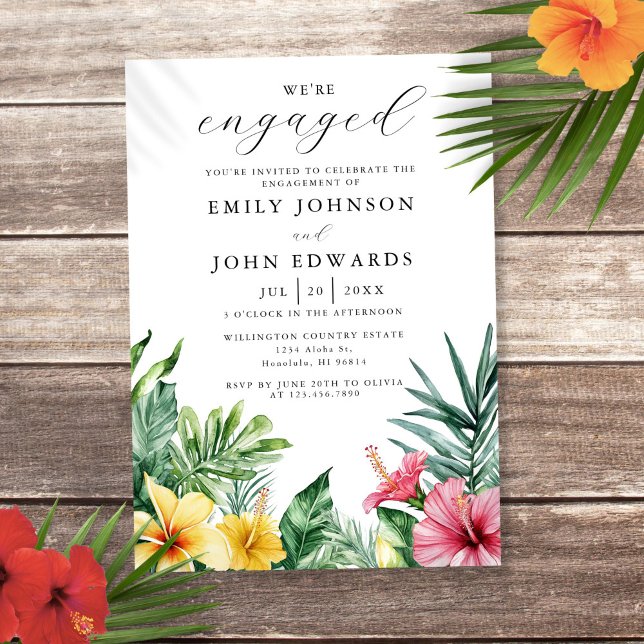Convite Festa de noivado de Flores Tropicais de Aquarela (Watercolor Tropical Flowers Engagement Party Invitation)