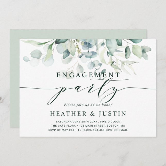 Convite Festa de noivado de Folhagem Verde Elegante (Frente/Verso)