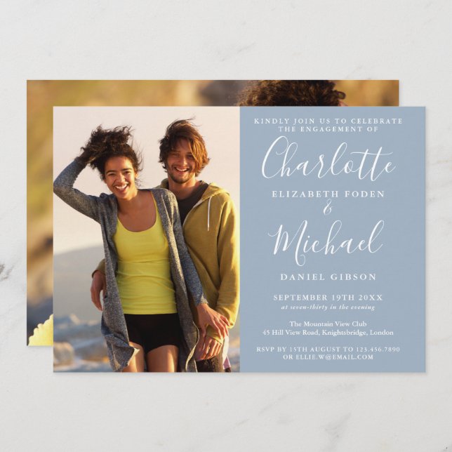 Convite Festa de noivado de Fotografias Azul 2 Dusty com S (Frente/Verso)