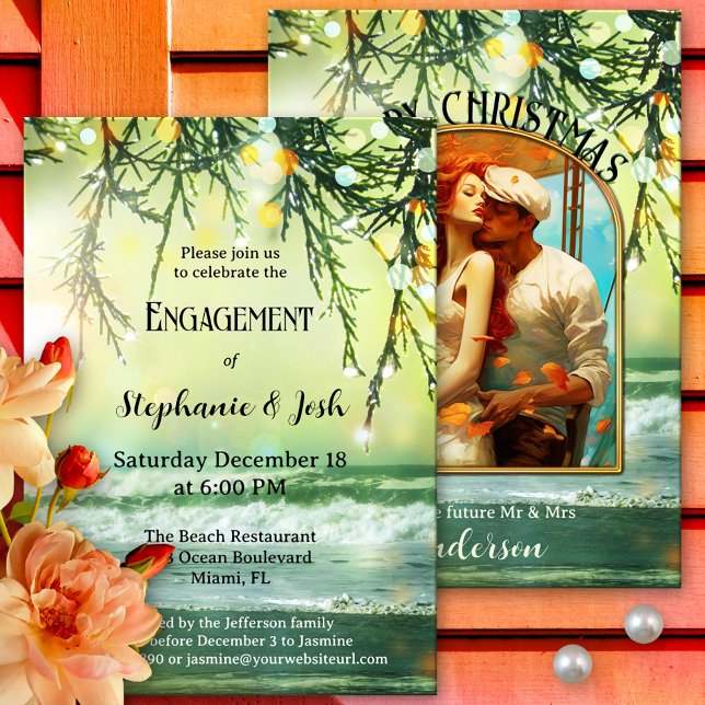 Convite Festa de noivado de Fotografias de Praia das Luzes (Festive photo engagement party invitation showing a beach with sparkling bokeh lights on pine twigs)