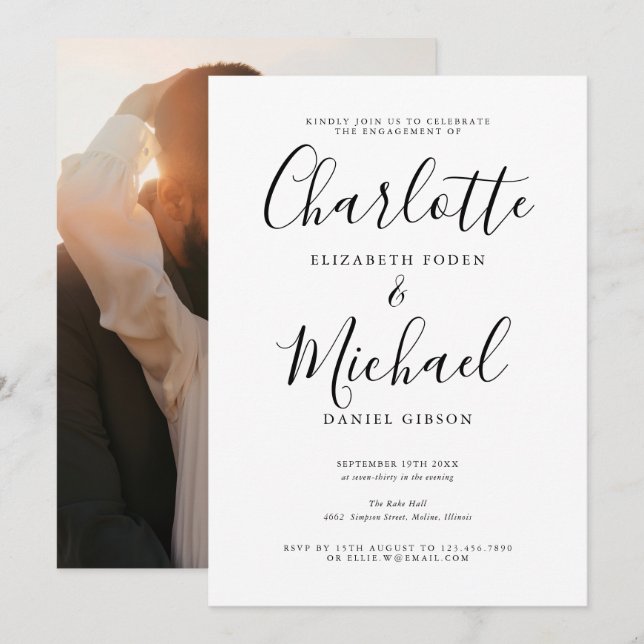 Convite Festa de noivado de Fotografias de Script Elegante (Frente/Verso)