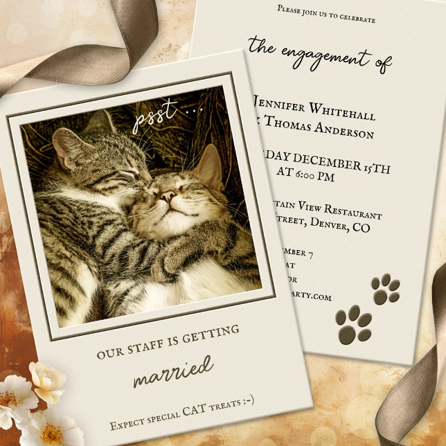 Convite Festa de noivado de Fotografias Personalizadas de  (A funny cat engagement party invitation in boho chic tan colors, with custom photo option)