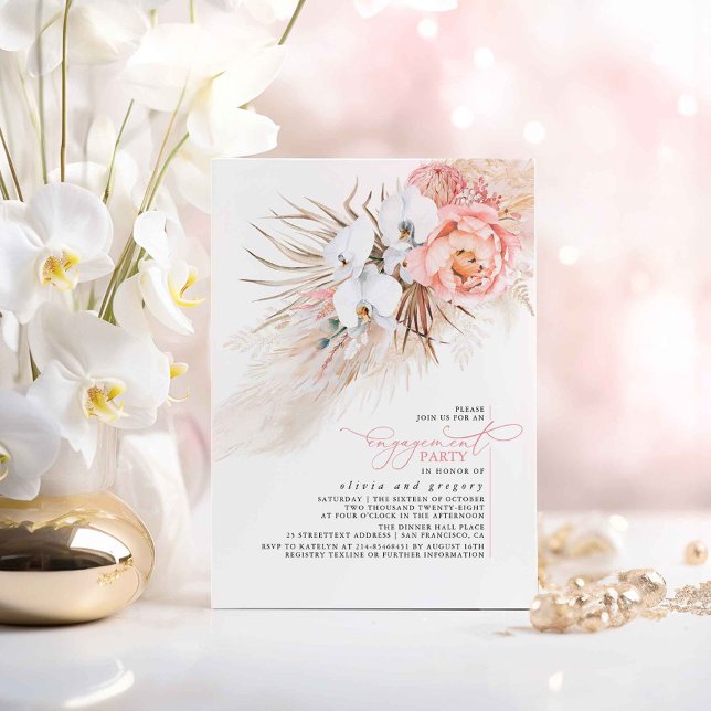 Convite Festa de noivado de Grama Floral Rosa Pampas (Boho Floral Pink Engagement Party Invitations)