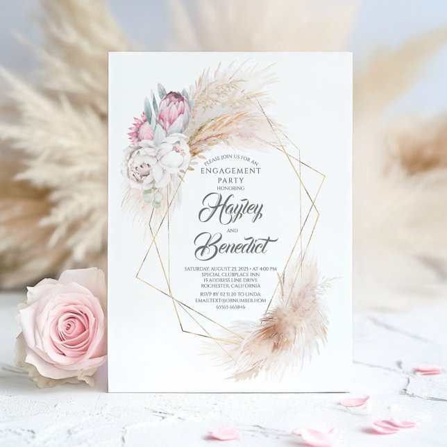 Convite Festa de noivado de Grama Pink King Protea e Pampa (Boho Floral Engagement Invitation)