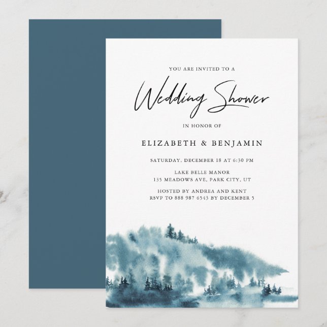 Convite Festa de noivado de inverno da Floresta Azul de Aq (Frente/Verso)