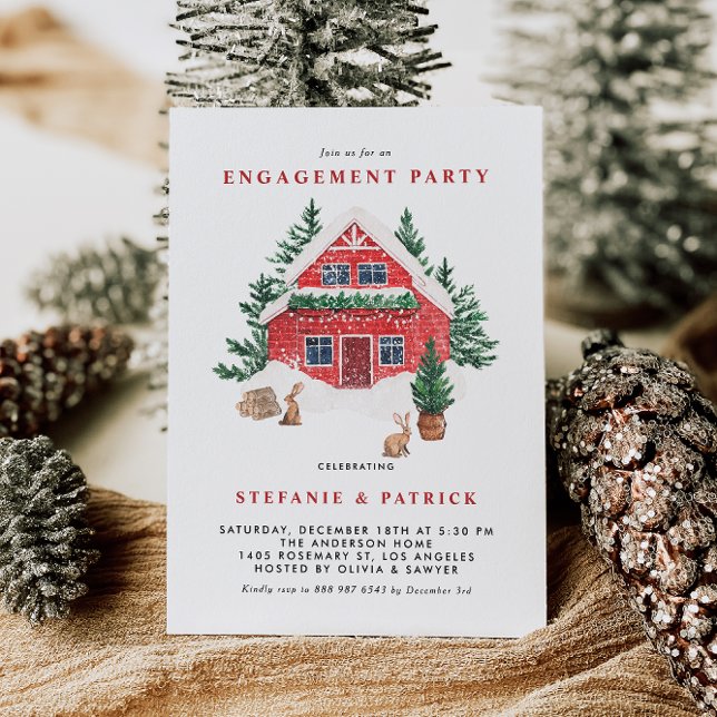 Convite Festa de noivado de inverno da Floresta de Algodão (A winter engagement party invitation featuring watercolor red cottage in a winter woodland scene.)