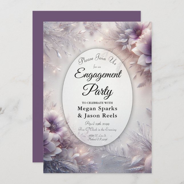 Convite Festa de noivado de inverno de Prata e Ametist Sua (Frente/Verso)