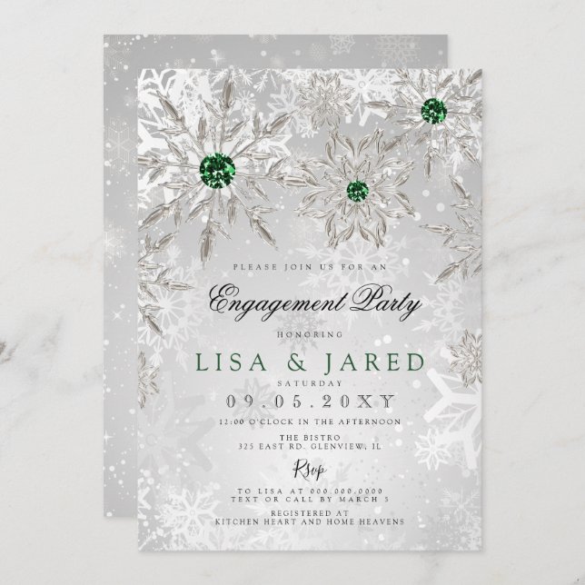 Convite Festa de noivado de inverno em Flocos de Neve Verd (Frente/Verso)