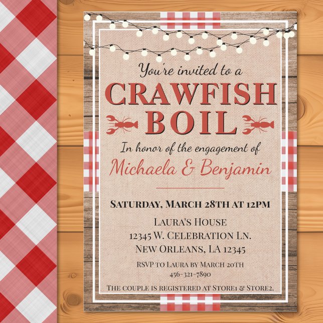 Convite Festa de noivado de lagosta Rústica (Crawfish Boil Lobster Engagement Party Rustic Invitation)