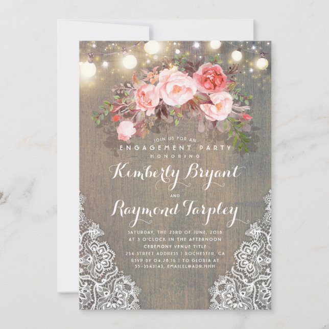 Convite Festa de noivado de madeira para luzes plorais rus (Frente)