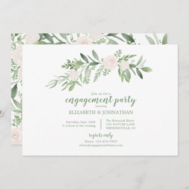 Convite Festa de noivado de marfim de aquarela elegante (Frente/Verso)
