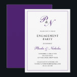 Convite Festa de noivado de Monograma Roxo Formal<br><div class="desc">Convite de festa de noivado clássico com um simples design com seus dois monogramas iniciais e seus nomes em um elegante dentro de caligrafia roxa real de uma borda fina. A parte de trás é roxa sólida. Este design clássico é perfeito para uma festa de noivado formal no outono/outono.</div>
