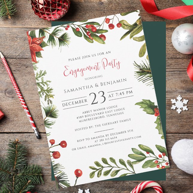 Convite Festa de noivado de Natal, Berries Mistletoe (Christmas Engagement Party Berries Mistletoe Invitation)