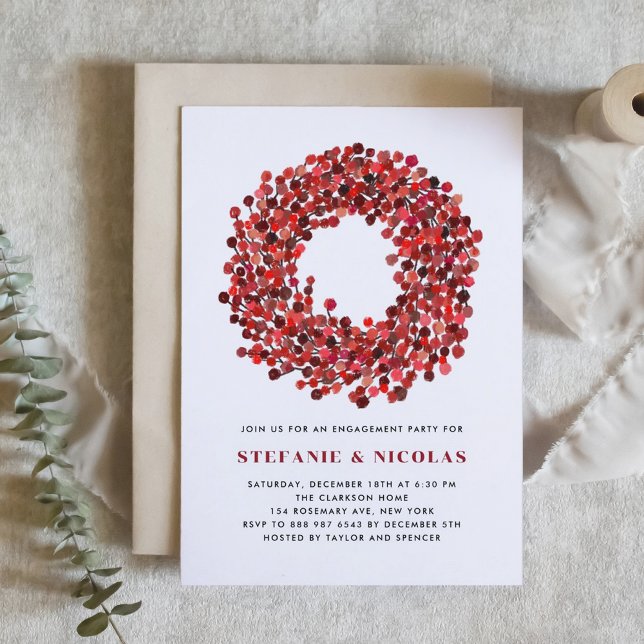 Convite Festa de noivado de Natal da Winterberry Wreath Re (Engagement party invitation featuring watercolor winterberry wreath. Perfect for Christmas events.)