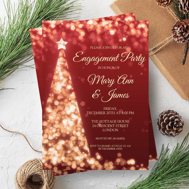 Convite Festa de noivado de Natal Dourada e Vermelha elega (Elegant Gold & Red Christmas Engagement Party Invitation)