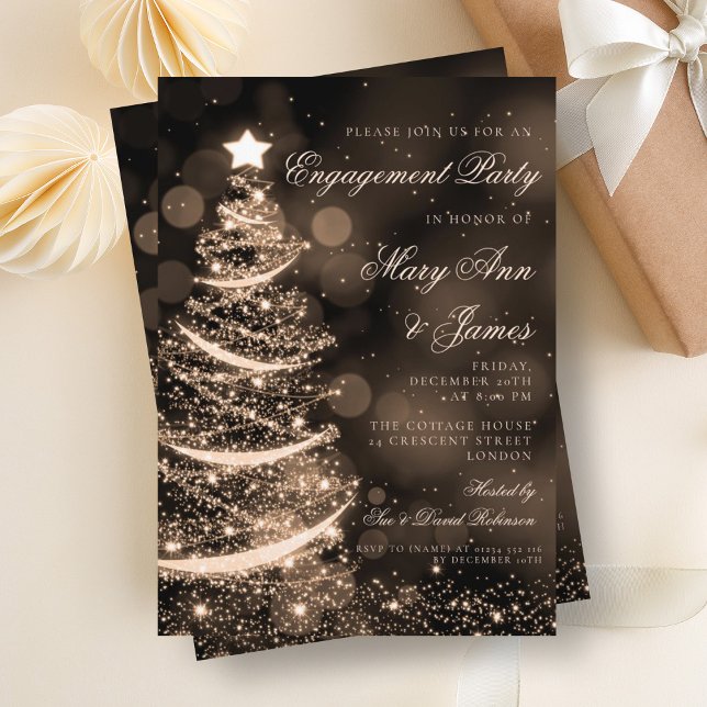 Convite Festa de noivado de Natal Elegante e Dourada (Elegant Black & Gold Christmas Engagement Party Invitation)