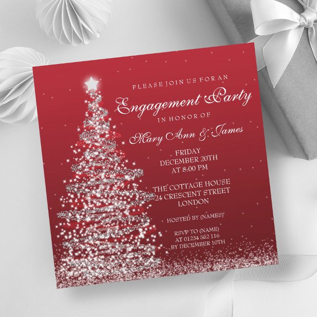 Convite Festa de noivado de Natal Elegante Red Silver (Elegant Christmas Engagement Party Red Silver Invitation)
