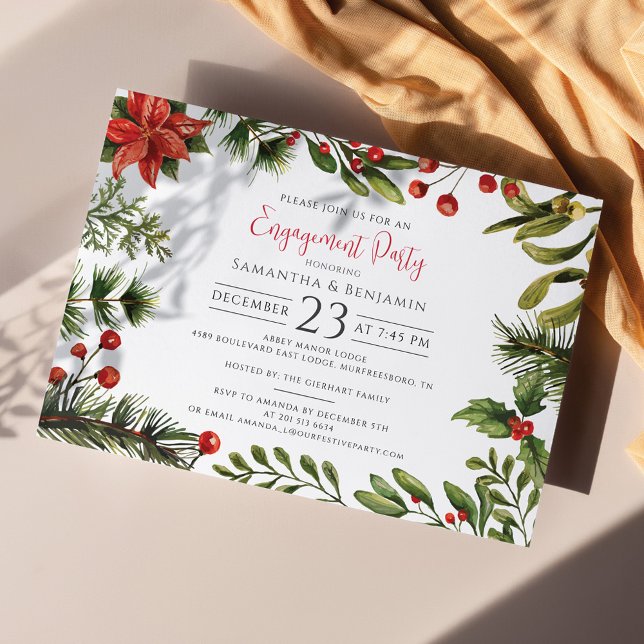 Convite Festa de noivado de Natal Greenery (Botanical Poinsettia Script Winter Engagement Party Invitation)
