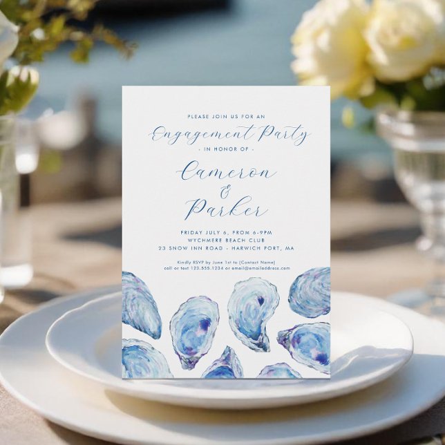 Convite Festa de noivado de Ostra - Azul (Oyster Engagement Party Invitation with elegant blue watercoor oyster shells from Concertina Press)