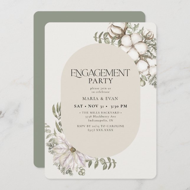 Convite Festa de noivado de Oval Floral de inverno Greener (Frente/Verso)