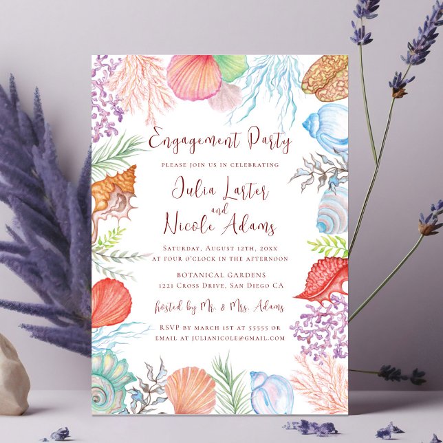 Convite Festa de noivado de Praia do Shell Azul Moderno Du (Criador carregado)