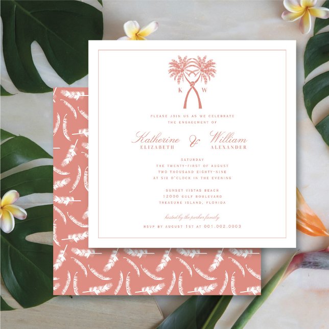 Convite Festa de noivado de praia em Monograma das Palmeir (Knotted Palm Trees Monogram Beach Engagement Party Invitation @ fatfatin_blue_knot)