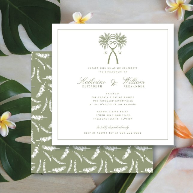 Convite Festa de noivado de praia em Monograma das Palmeir (Knotted Palm Trees Monogram Beach Engagement Party Invitation @ fatfatin_blue_knot)