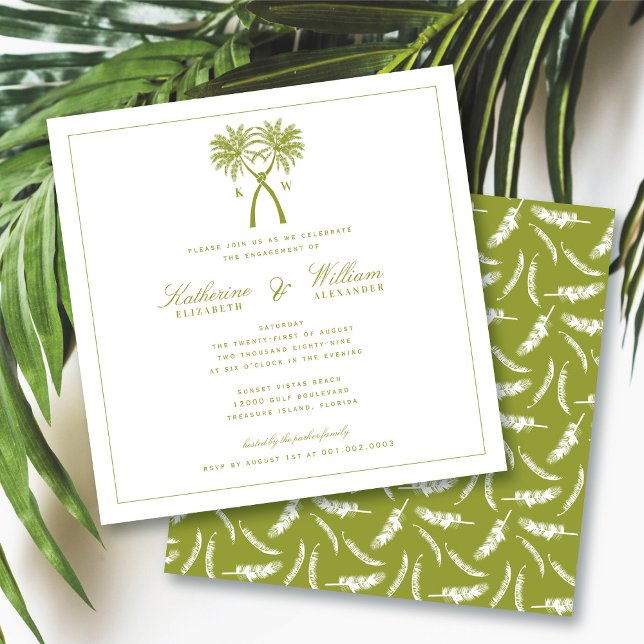 Convite Festa de noivado de praia em Monograma das Palmeir (Knotted Palm Trees Monogram Tropical Beach Engagement Party Invitation @ fatfatin_blue_knot)