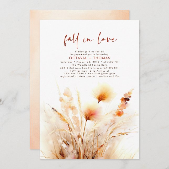 Convite Festa de noivado de Queda de Terracotta Pampas Gra (Frente/Verso)