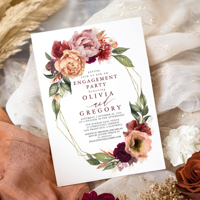 Convite Festa de noivado de queda vermelha do Borgonha Lar (Fall Engagement Party Invitations)