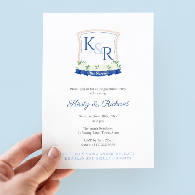 Convite Festa de noivado de repouso costeiro branco Elegan (Coastal-themed engagement party invitation featuring white hydrangeas and navy blue accents)
