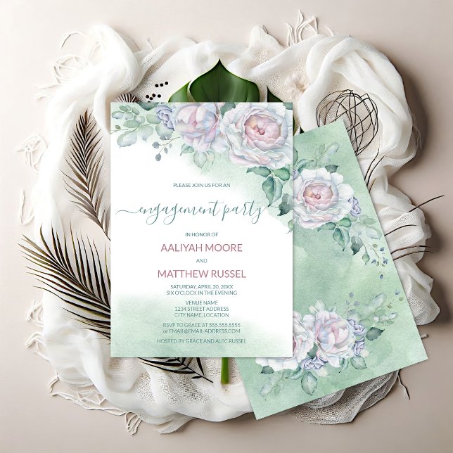Convite Festa de noivado de Rosa de Aquarela Delicada (Elegant watercolor rose engagement party invitation front and back view.)