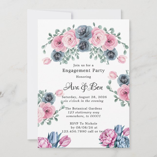 Convite Festa de noivado de Sangue Rosa e Azul (Frente)