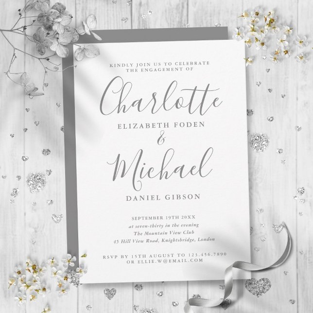 Convite Festa de noivado de Script de Assinatura de Cinza  (Elegant Gray Signature Script Engagement Party Invitation)