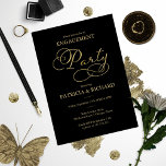 Convite Festa de noivado de Script de Folha de Ouro Preto<br><div class="desc">Convite para Festa de noivado de Script de Folha de Ouro Preto Elegante</div>