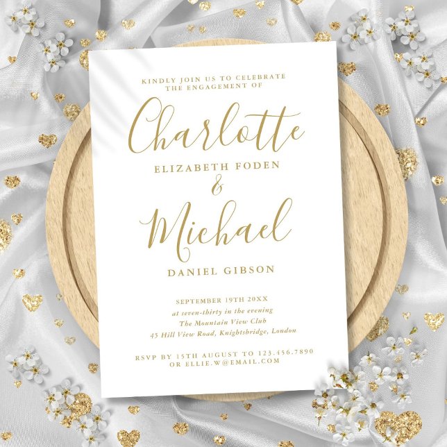Convite Festa de noivado de Script Dourado de Assinatura E (Elegant Signature Gold Script Engagement Party Invitation)