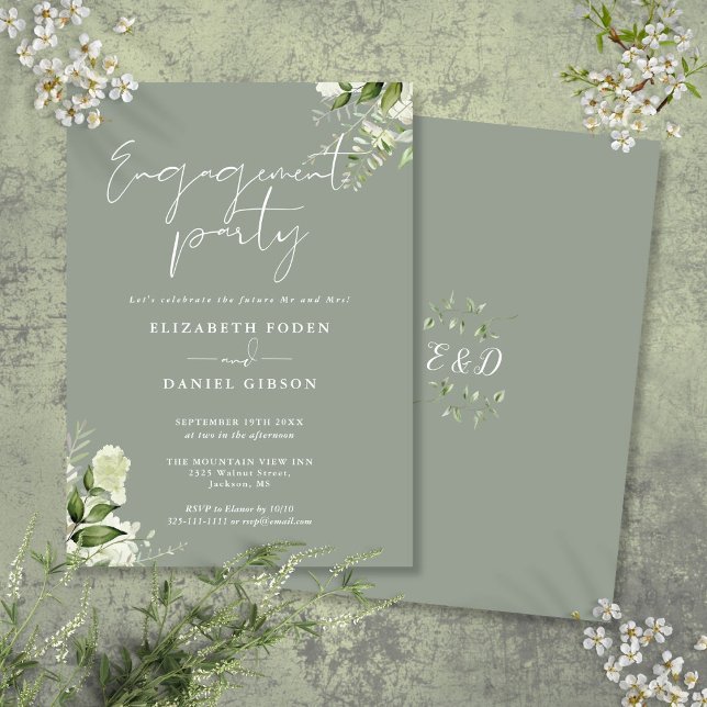 Convite Festa de noivado de Script Verde Floral Sage (Floral Sage Green Script Engagement Party Invitation)