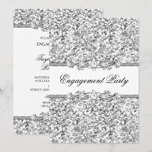 Convite Festa de noivado de Silver Glitter e Jewel (Frente/Verso)
