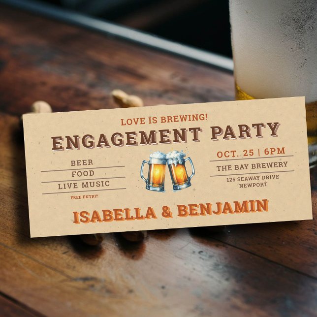 Convite Festa de noivado de Tíquete de Cerveja (beer themed engagement party invitation brewery rustic kraft ticket festival)
