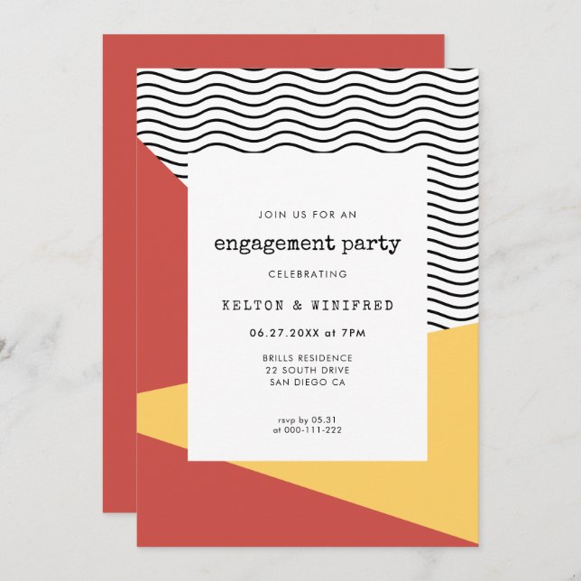 Convite festa de noivado do estilo Memphis Pop da década d (Frente/Verso)