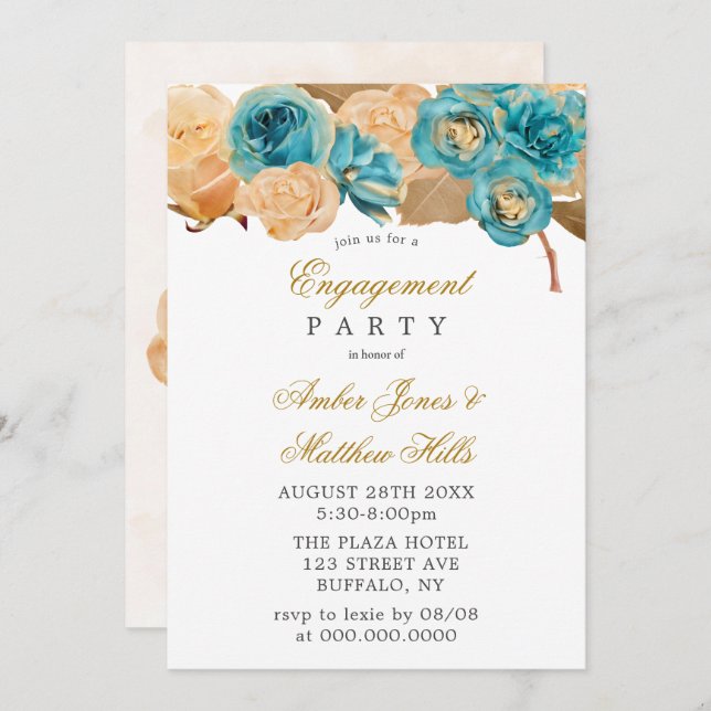 Convite Festa de noivado Dourada de chá e creme (Frente/Verso)