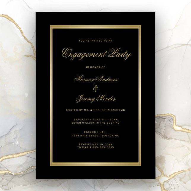 Convite Festa de noivado Dourada Elegante (Elegant Black and Gold Engagement Party Invitation)