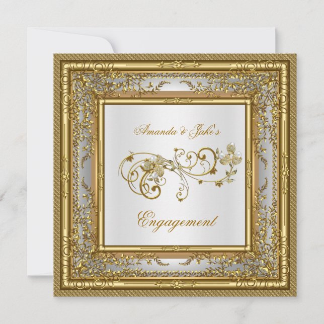 Convite Festa de Noivado Dourado Branco Damask Floral (Frente)
