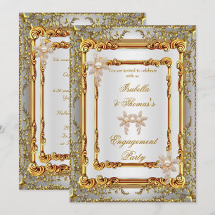 Convite Festa de Noivado Dourado Branco Damask Flores