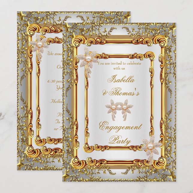 Convite Festa de Noivado Dourado Branco Damask Flores (Frente/Verso)