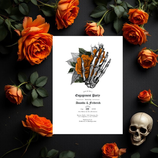 Convite Festa de noivado e Mão do Esqueleto Gótico (Gothic Skeleton Hand and Rose Engagement Party Invitation)