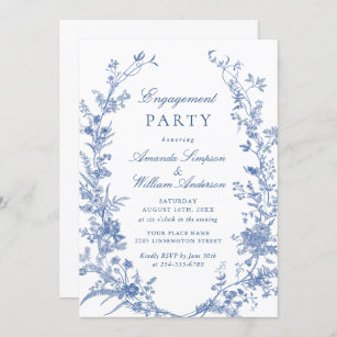 Convite Festa de noivado Elegante Blue French Garden