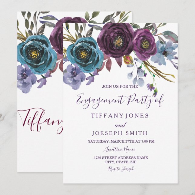 Convite Festa de noivado Elegante de Aquarela Floral Roxa (Frente/Verso)